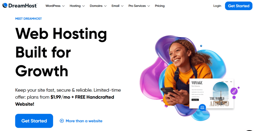DreamHost landing page for web hosting with a button to get started