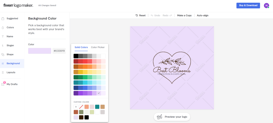 A logo design interface displaying a heart-shaped logo for "Best Blooms" on a light purple background.