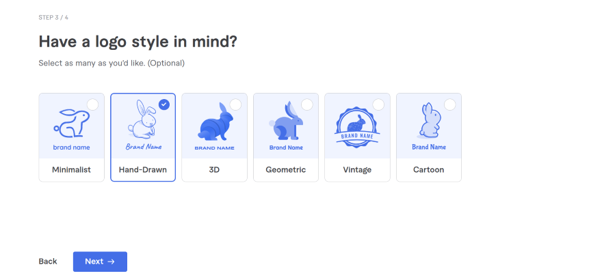 A user interface step showing logo style options: Minimalist, Hand-Drawn (selected), 3D, Geometric, Vintage, and Cartoon designs.