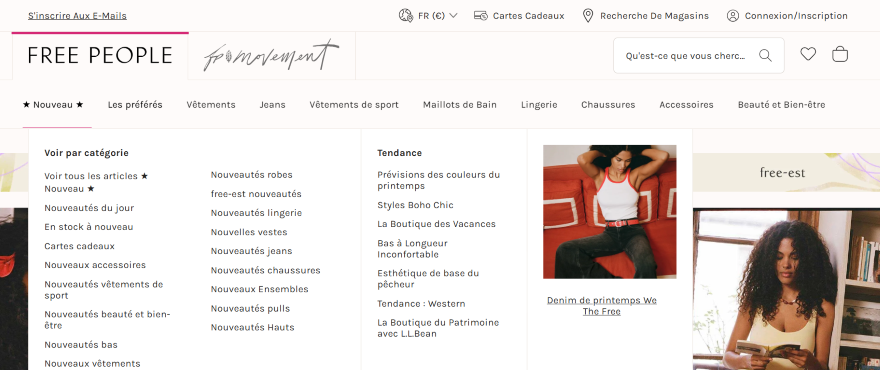 A dropdown navigation bar covering the screen on the Free People website with clothes-related categories