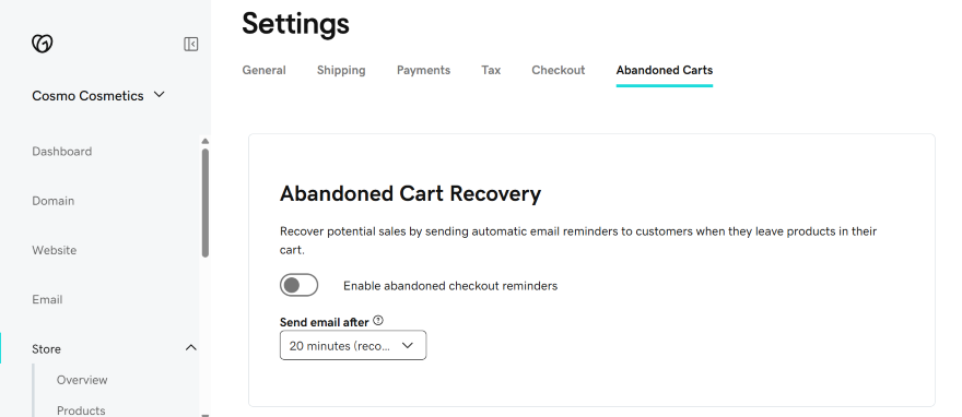Screenshot of the "Abandoned Cart Recovery" settings page for Cosmo Cosmetics, featuring options for email reminders and timing.