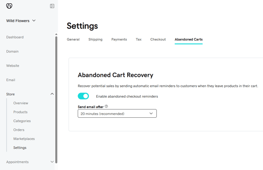 GoDaddy's store settings showing abandoned cart recovery options
