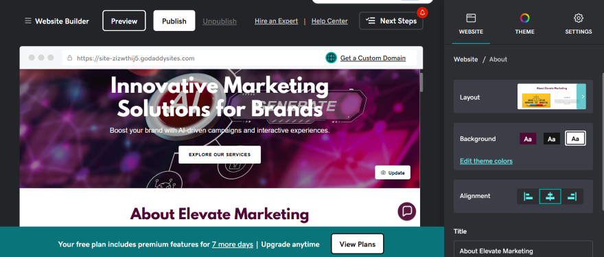 A screenshot of a website builder interface displaying various options such as theme settings, custom domain, and information about marketing solutions.