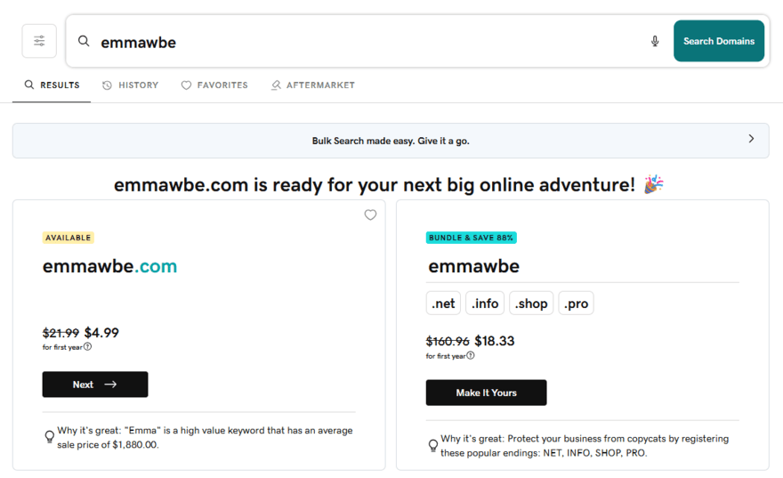 GoDaddy extension options and prices for the domain name "emmawbe"