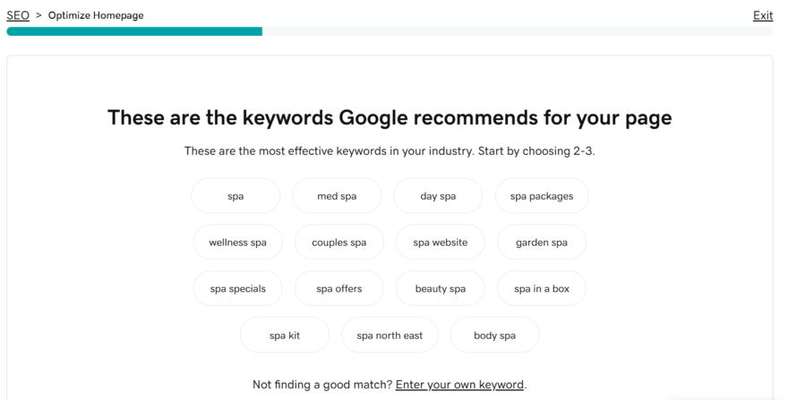 Keywords suggested by GoDaddy by its SEO wizard