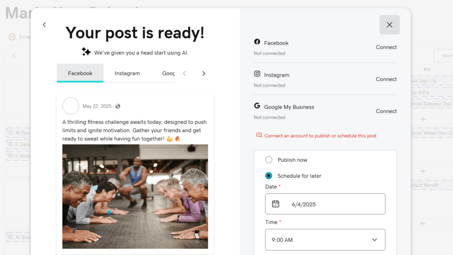 GoDaddy AI social post creator for a fitness business