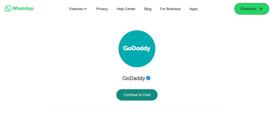 A screenshot of a website displaying the option to continue chatting with GoDaddy.
