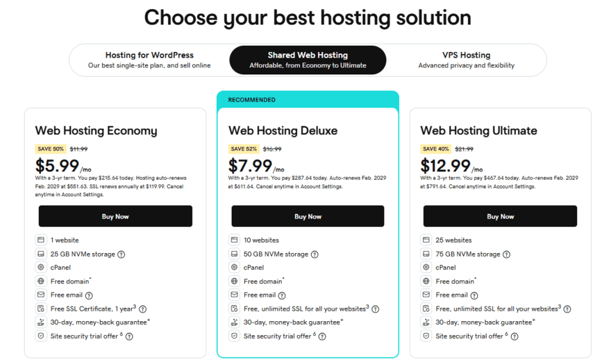 GoDaddy pricing and features for its different web hosting types