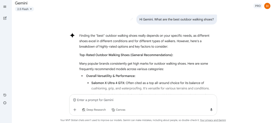 Screenshot of a Gemini chatbot interface displaying a response about the best outdoor walking shoes, listing key factors and top-rated models.