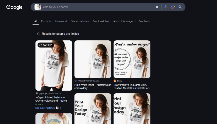 Google Lens search results showcasing multiple images of a white slogan t-shirt