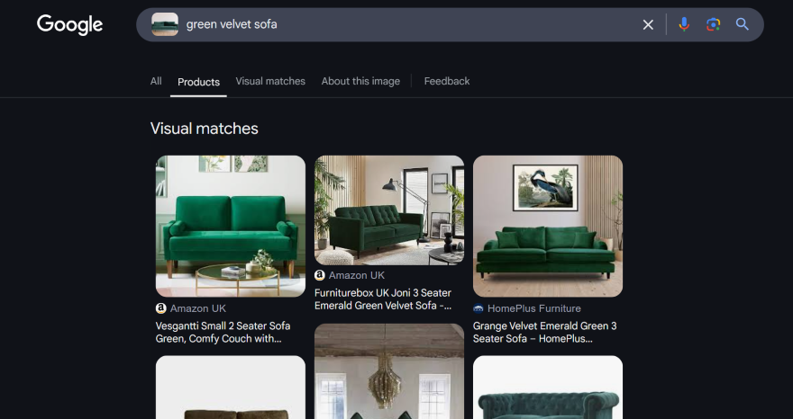 Google Lens search results for a "green velvet sofa"