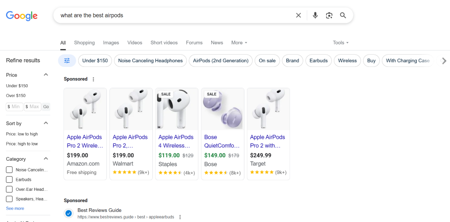 Screenshot of a search query for "the best airpods to buy" with search result links and photos to products
