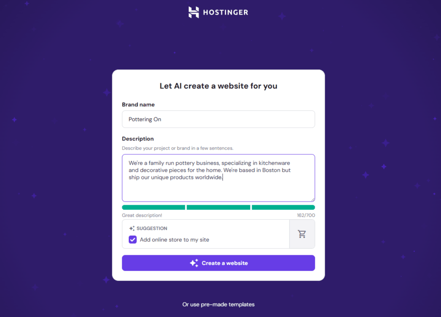 Hostinger's AI builder prompt form