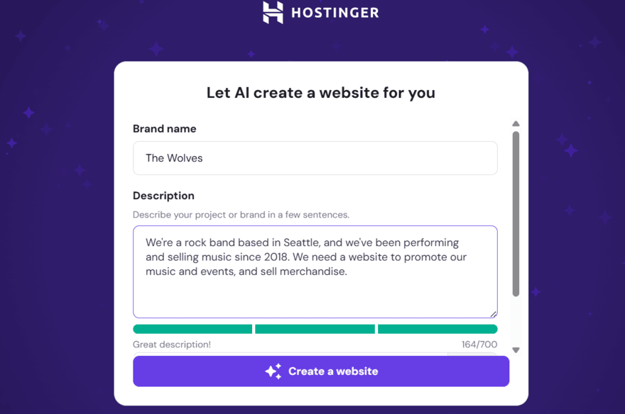 Hostinger's AI builder prompt