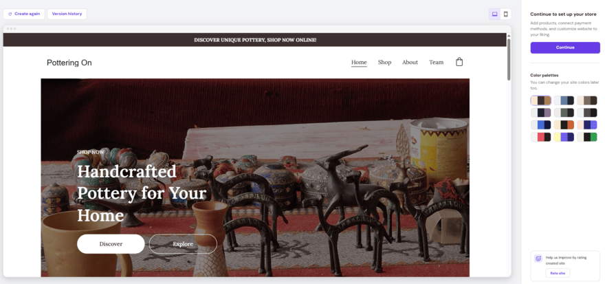 AI-generated template with color palette options from Hostinger's AI builder