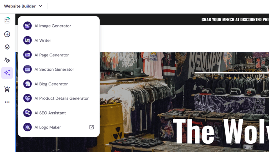 List of AI features in Hostinger's website builder editor