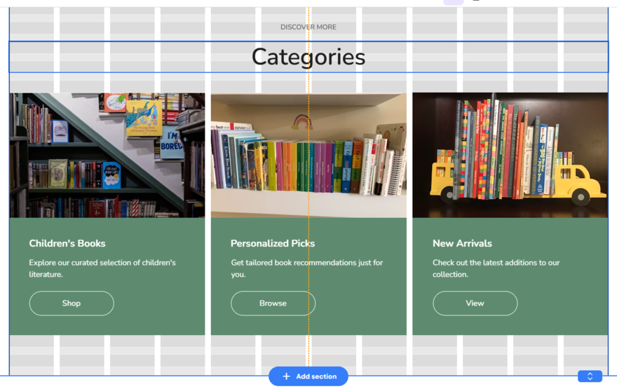 Hostinger's drag-and-drop editor for a bookstore website