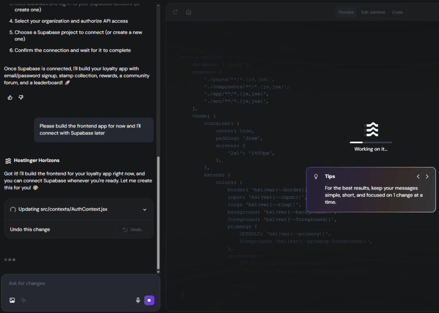 Hostinger Horizons generating the code for a web app idea with the live chat panel visible to the left of the screen