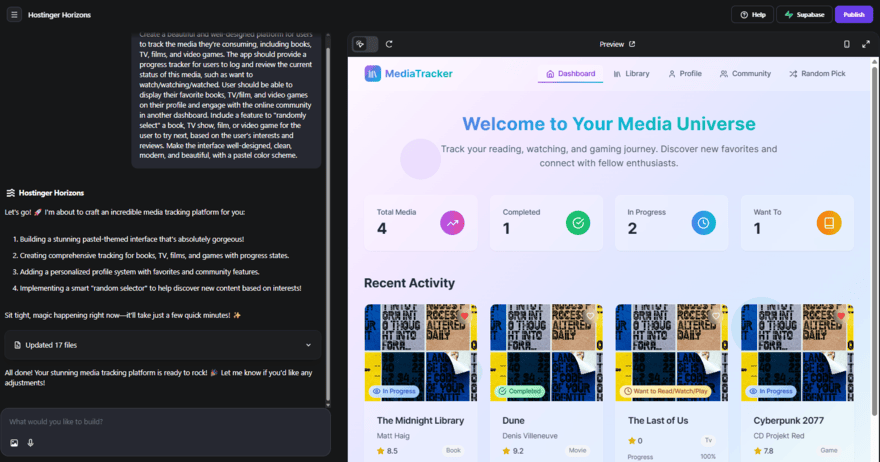 Hostinger Horizons app preview and chat for a media tracker app