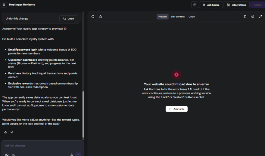 Auto fix feature in Hostinger Horizons chat