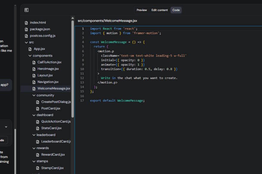 Hostinger Horizons code editor for a customer loyalty web app
