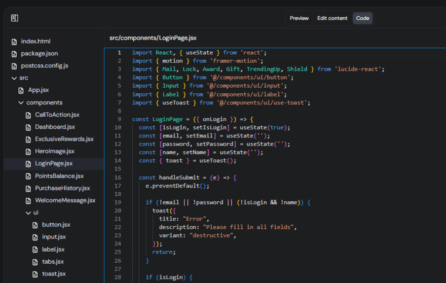 Hostinger Horizons code editor