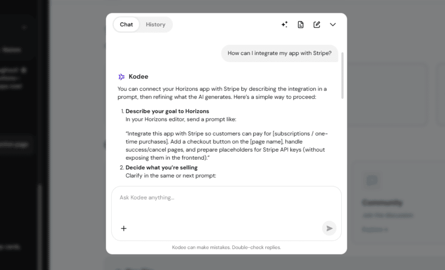 Hostinger Kodee AI assistant pop up when using Hostinger Horizons
