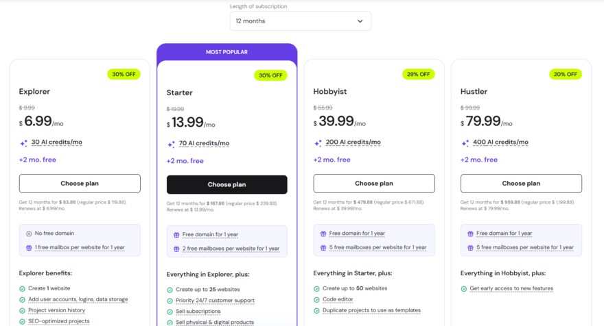 Hostinger Horizons pricing plans and features listed