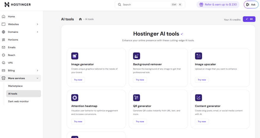 Hostinger's hPanel dashboard showing available AI tools