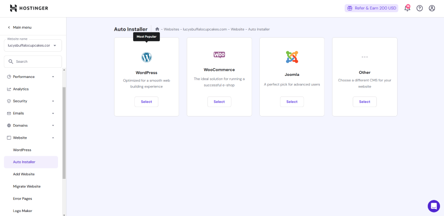 Screenshot of plugins available from the Hostinger dashboard like WordPress and WooCommerce
