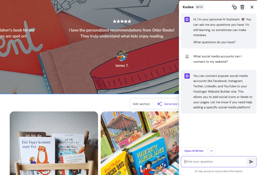 Hostinger's AI Kodee assistant in use in the editor