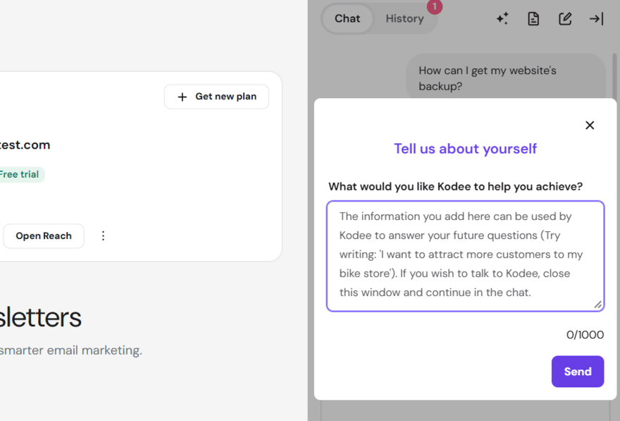 Hostinger's Kodee assistant pop up in hPanel, showing an option to add more personalized details about yourself and website for better results