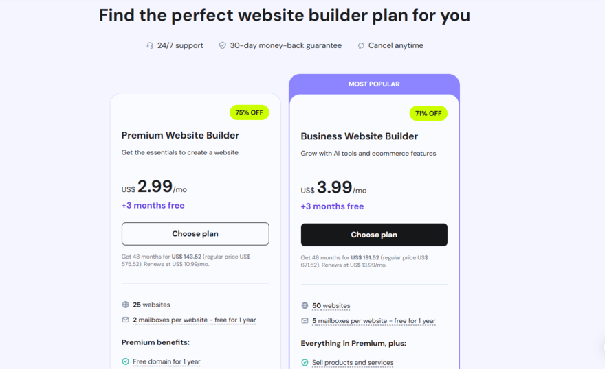 Hostinger's website builder plans and pricing