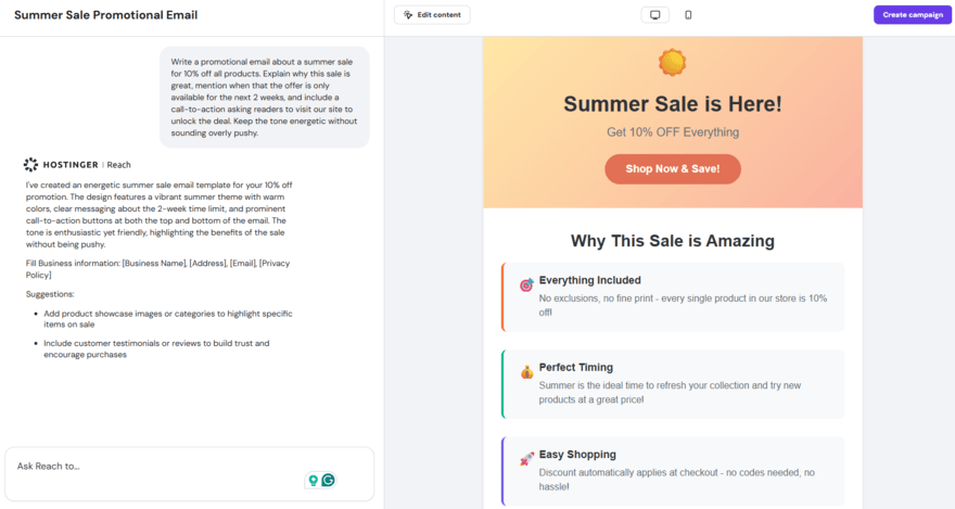 Hostinger Reach chat to create a new email template for a store sale