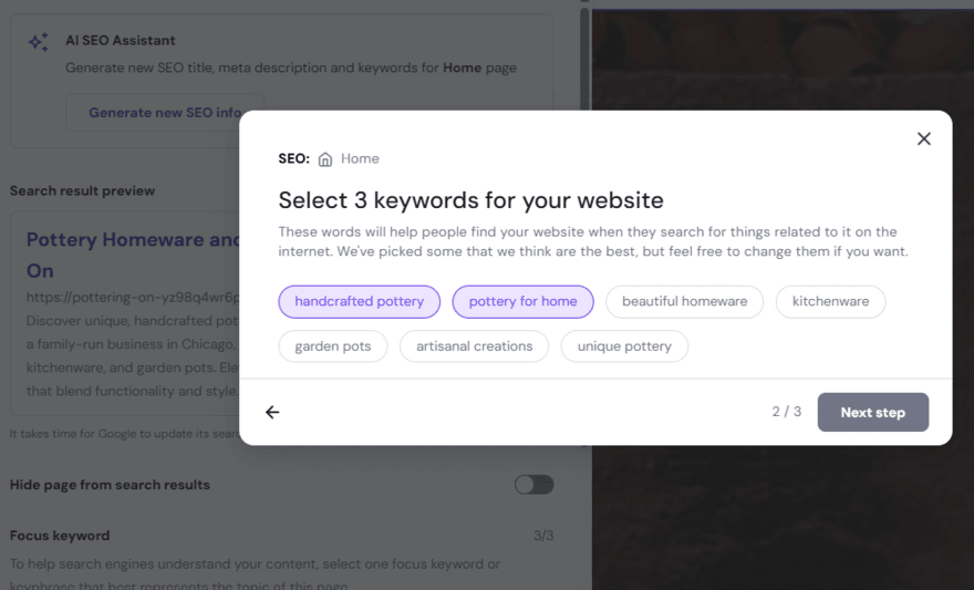 Hostinger pop up in its website builder editor showing keyword suggestions
