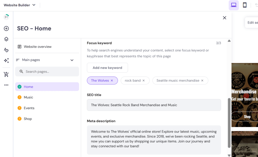 Hostinger's SEO page settings