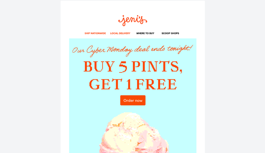 Screenshot of a Cyber Monday newsletter for an ice cream parlour, Jeni's', offering 5 pints get 1 free
