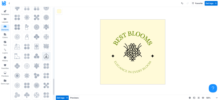 Logo design for "Best Blooms," featuring a floral illustration with the tagline "Elegance in Every Bloom" on a pastel background.