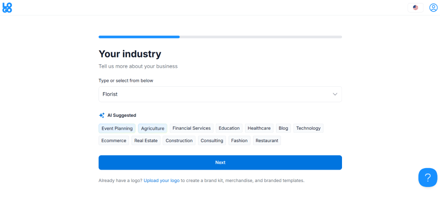 Screenshot of a web form asking users to select their industry, featuring "Florist" and AI-suggested options for various sectors.