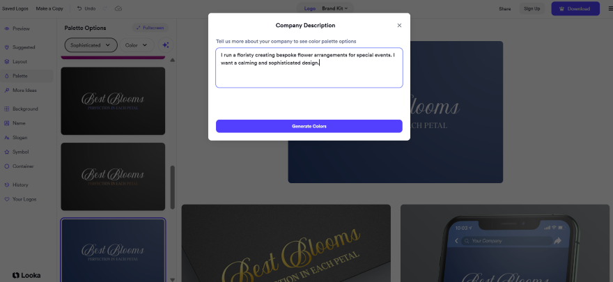 A design interface showcasing logo options for "Best Blooms," a floral arrangement company, with a focus on sophisticated palettes.
