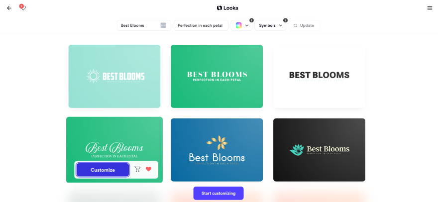 A logo design interface showcasing various logo options for "Best Blooms," featuring customizable layouts and color themes.