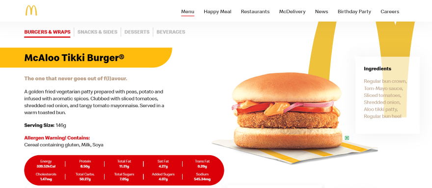 Screenshot of the McDonald's Indian website showcasing its McAloo Tikki burger