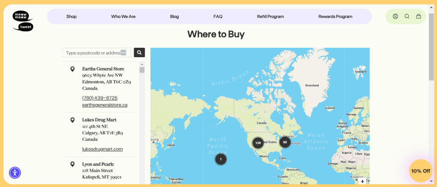 Screenshot of a page on the Meow Meow Tweet website with an interactive map that shows where stores are located globally