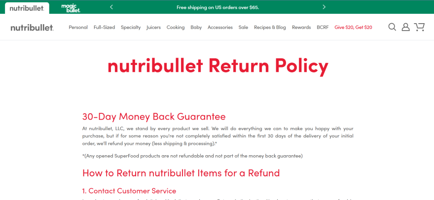 Screenshot of a returns page on Nutribullet's website