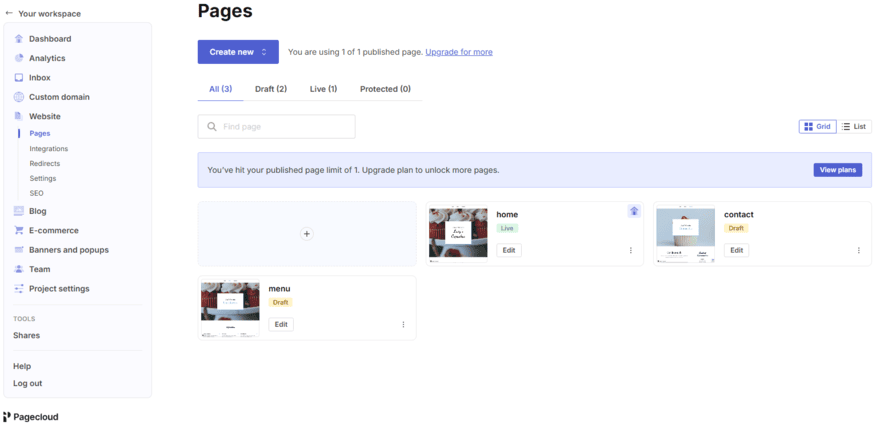 Pagecloud pages dashboard showing that I've hit the page limit of one