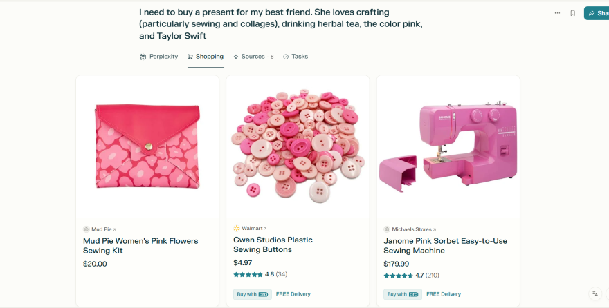 A shopping page on Perplexity that features three items: a pink floral sewing kit, pink plastic sewing buttons, and a pink sewing machine.