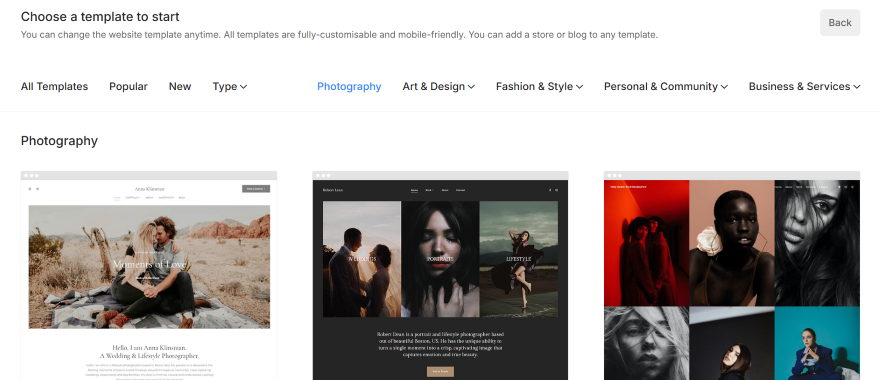 A selection of customizable website templates featuring layouts for photographers, showcasing portfolio and blog options.