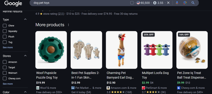 Screenshot of Google Store displaying various items in a shopping snippet from search results.