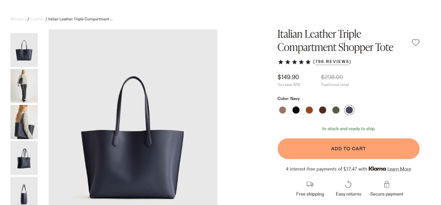 Product page showcasing a stylish leather bag with detailed descriptions and images.