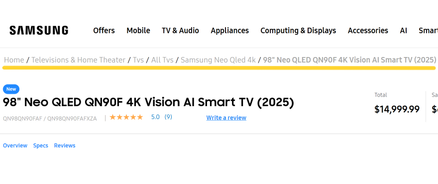 Samsung product page for a 98" Neo QLED QN90F 4K Vision AI Smart TV (2025).